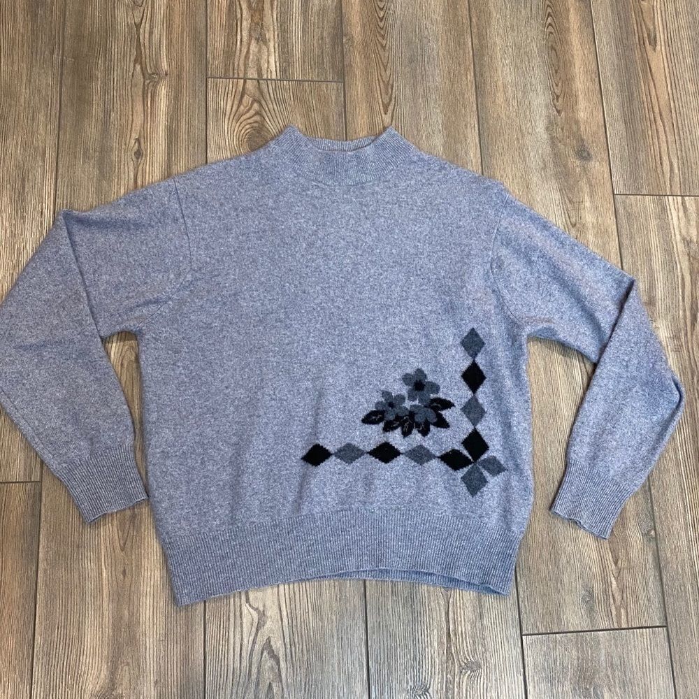 Gray Mock Neck Cashmere Sweater Floral Detail